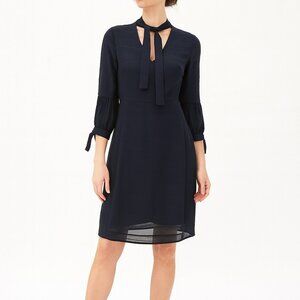 Whistles Womens Sz 8 M Navy Blue Knee‎ Length Shift Dress Tie Sleeves Classic